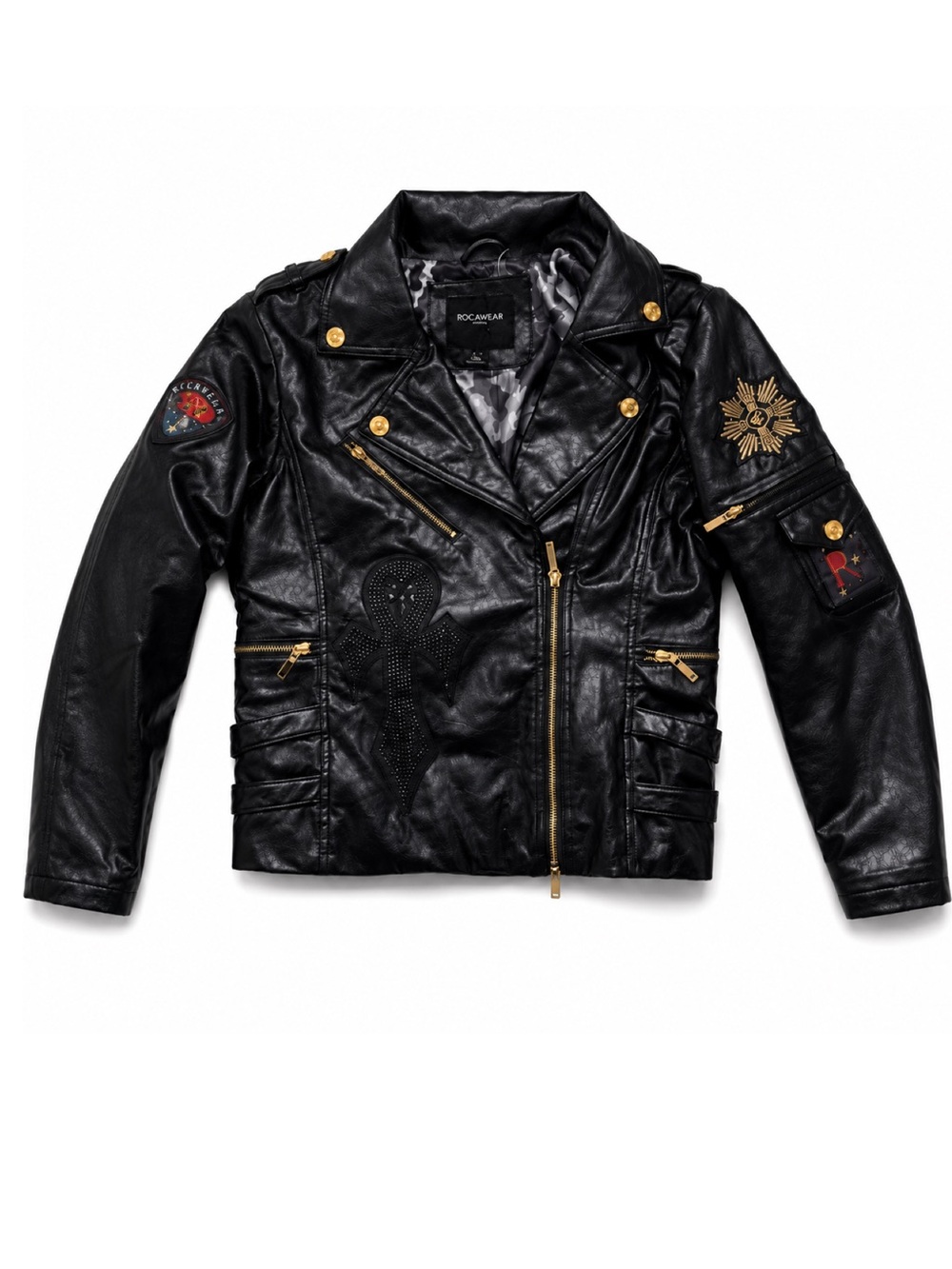 Y2K Rocawear Moto Jacket Black Faux Leather Embroidered Streetwear Women’s M